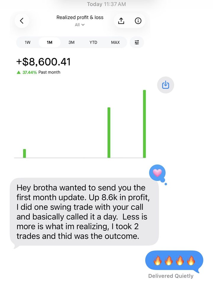 Text message from Alex sharing his first-month results