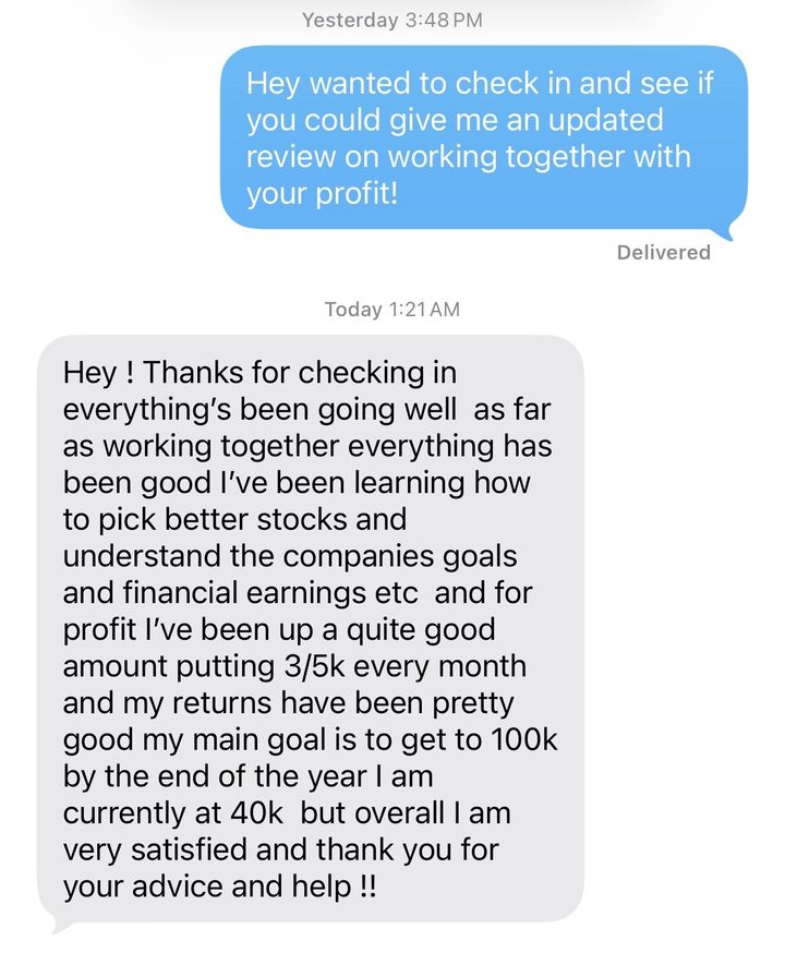 Text message from a member sharing his results