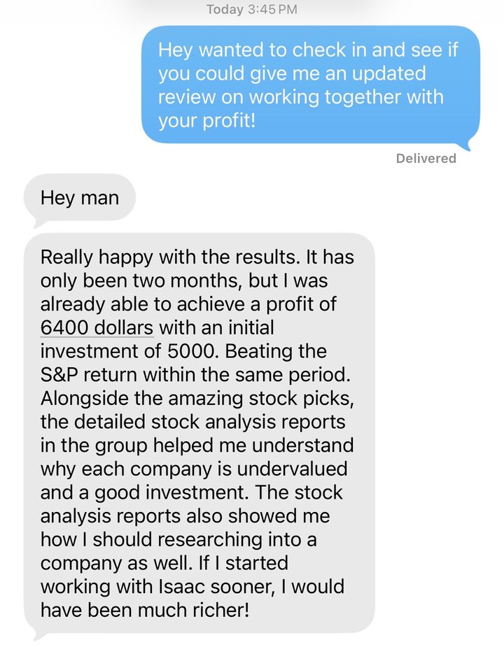 Text message from a member, Mark, sharing his results