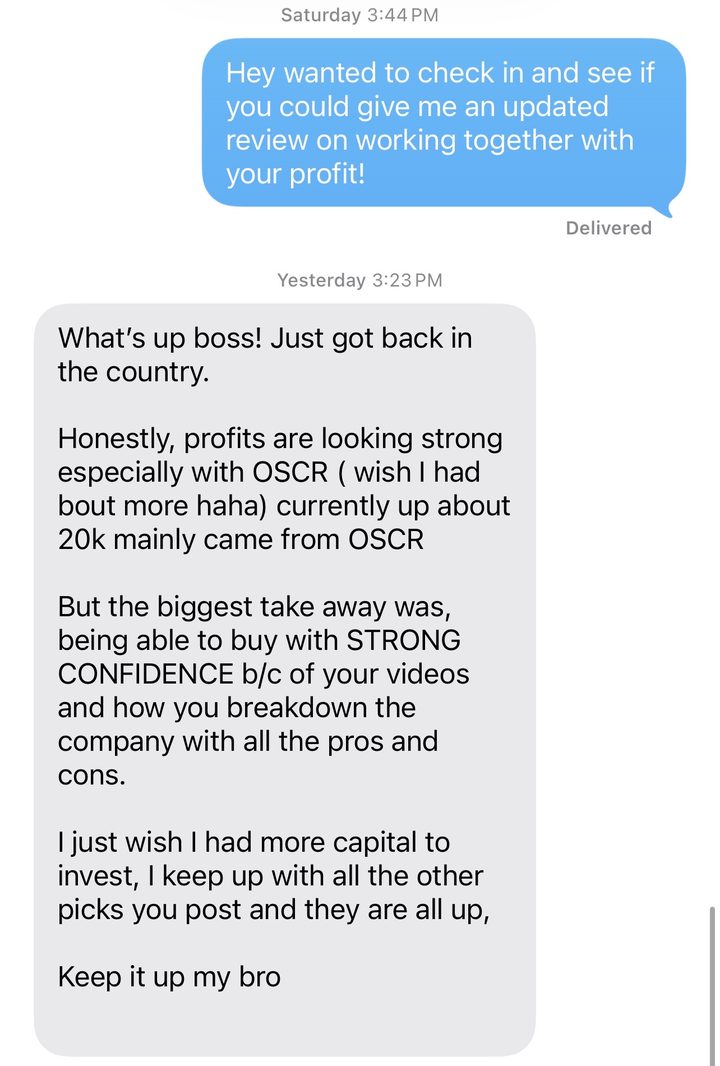 Text message from a member sharing results